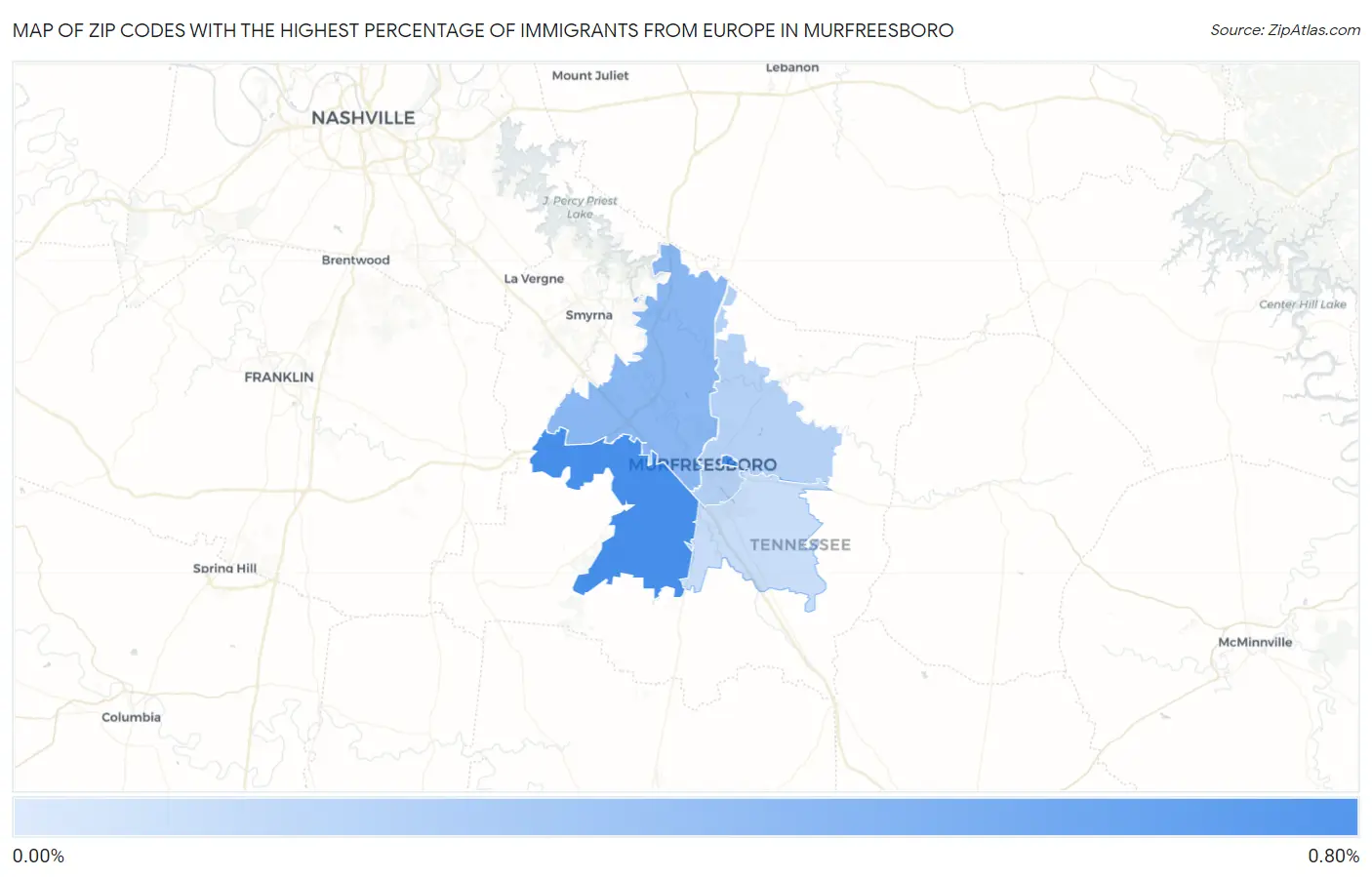 Zip Codes with the Highest Percentage of Immigrants from Europe in Murfreesboro Map