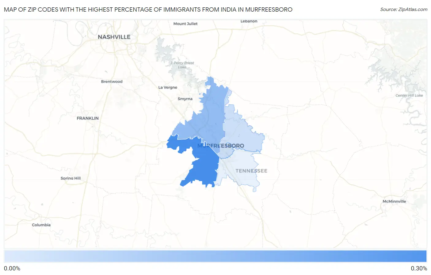 Zip Codes with the Highest Percentage of Immigrants from India in Murfreesboro Map
