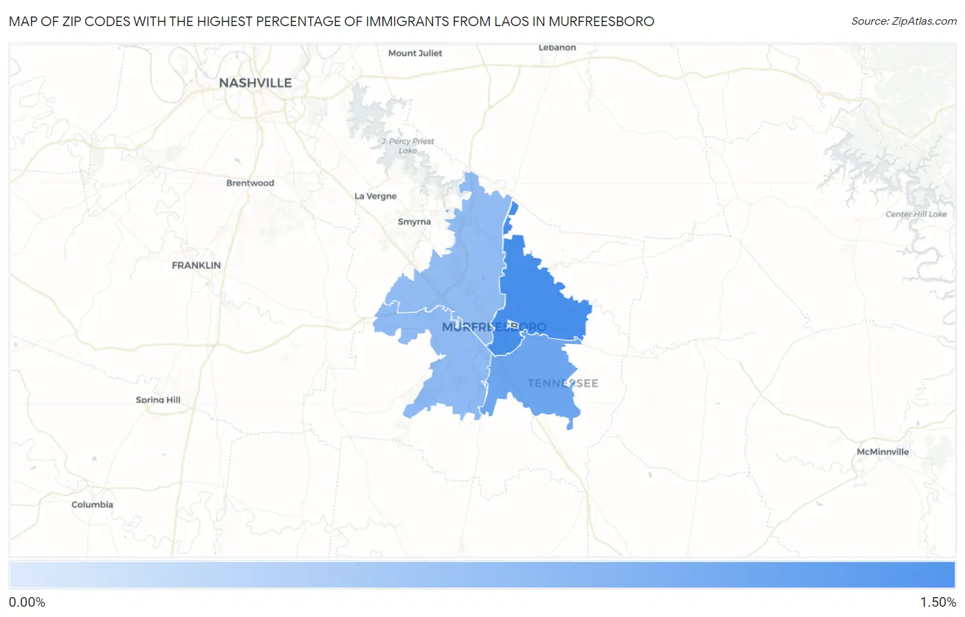 Zip Codes with the Highest Percentage of Immigrants from Laos in Murfreesboro Map
