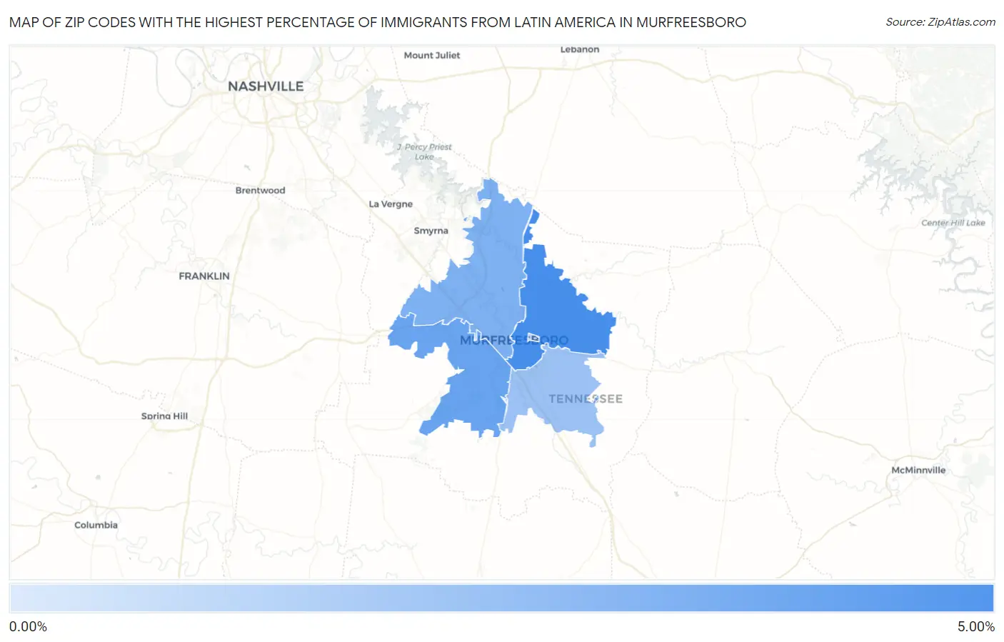 Zip Codes with the Highest Percentage of Immigrants from Latin America in Murfreesboro Map