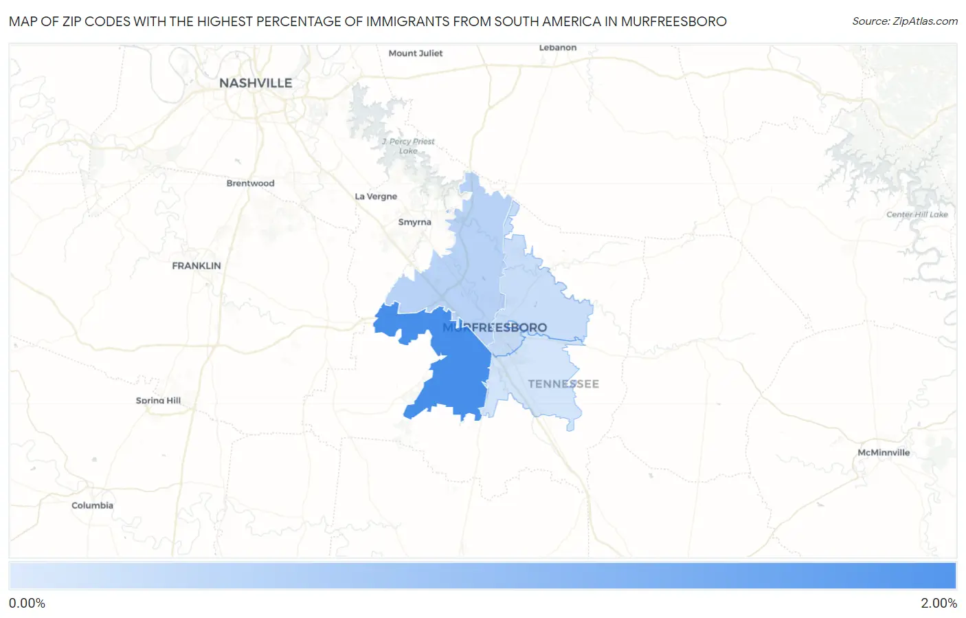 Zip Codes with the Highest Percentage of Immigrants from South America in Murfreesboro Map