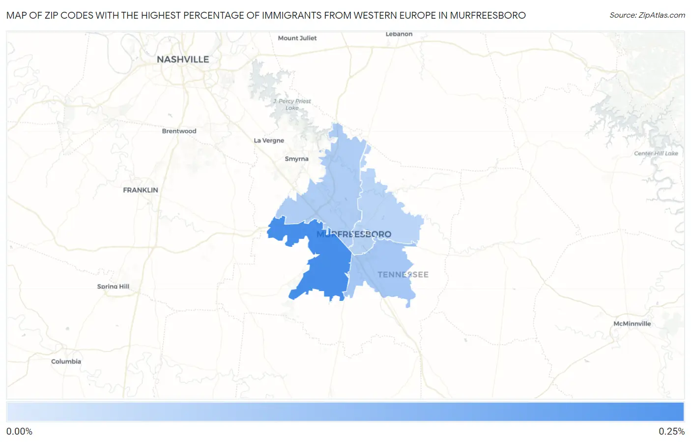 Zip Codes with the Highest Percentage of Immigrants from Western Europe in Murfreesboro Map