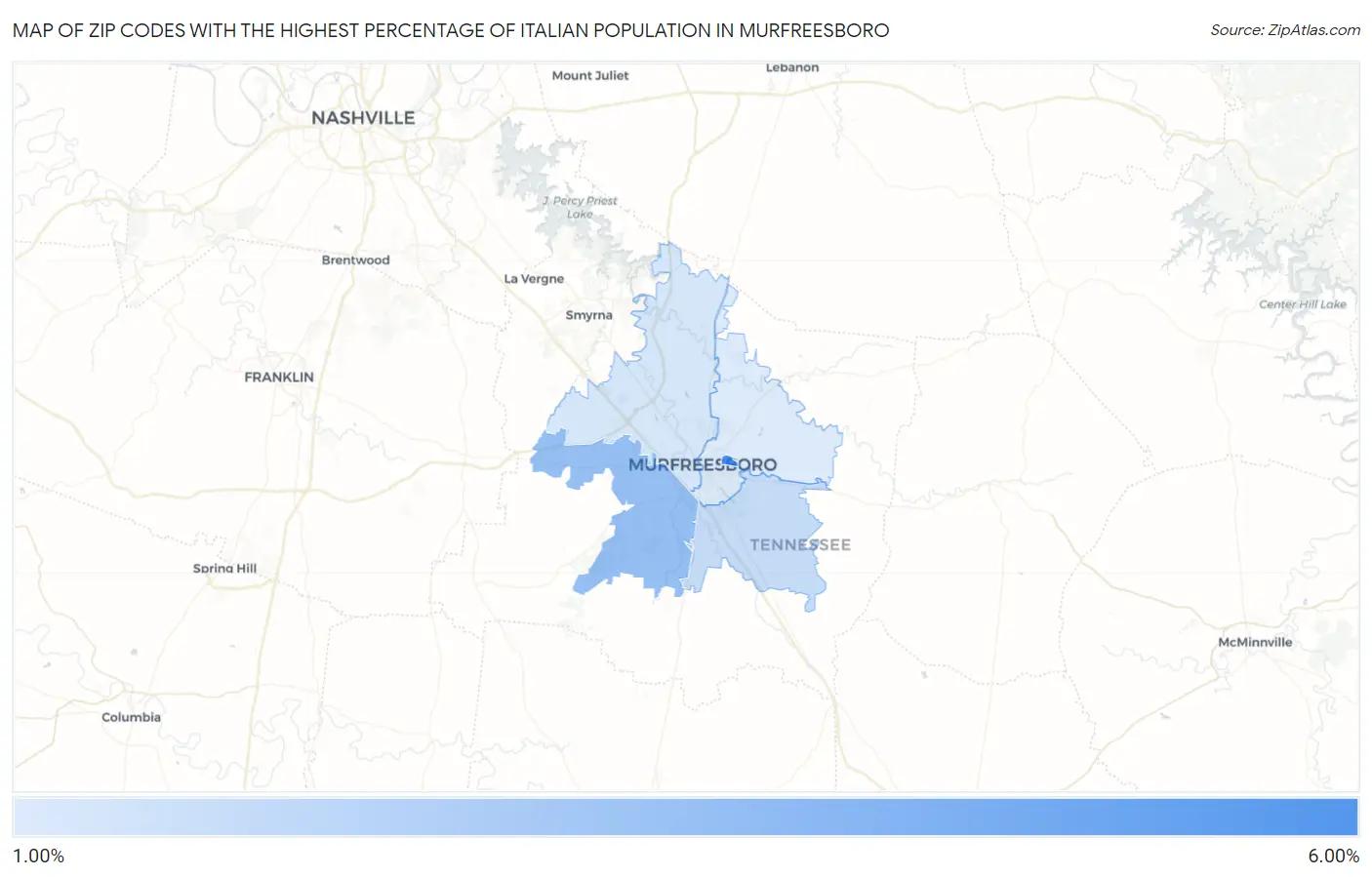 Zip Codes with the Highest Percentage of Italian Population in Murfreesboro Map