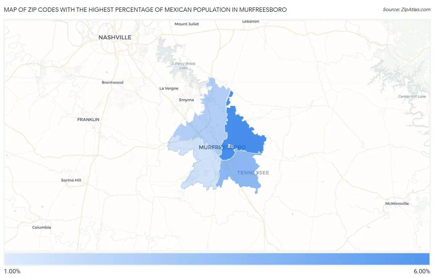 Zip Codes with the Highest Percentage of Mexican Population in Murfreesboro Map