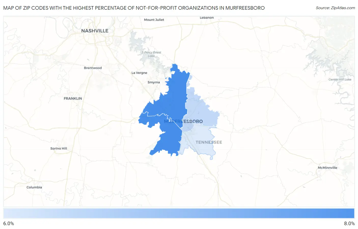 Zip Codes with the Highest Percentage of Not-for-profit Organizations in Murfreesboro Map