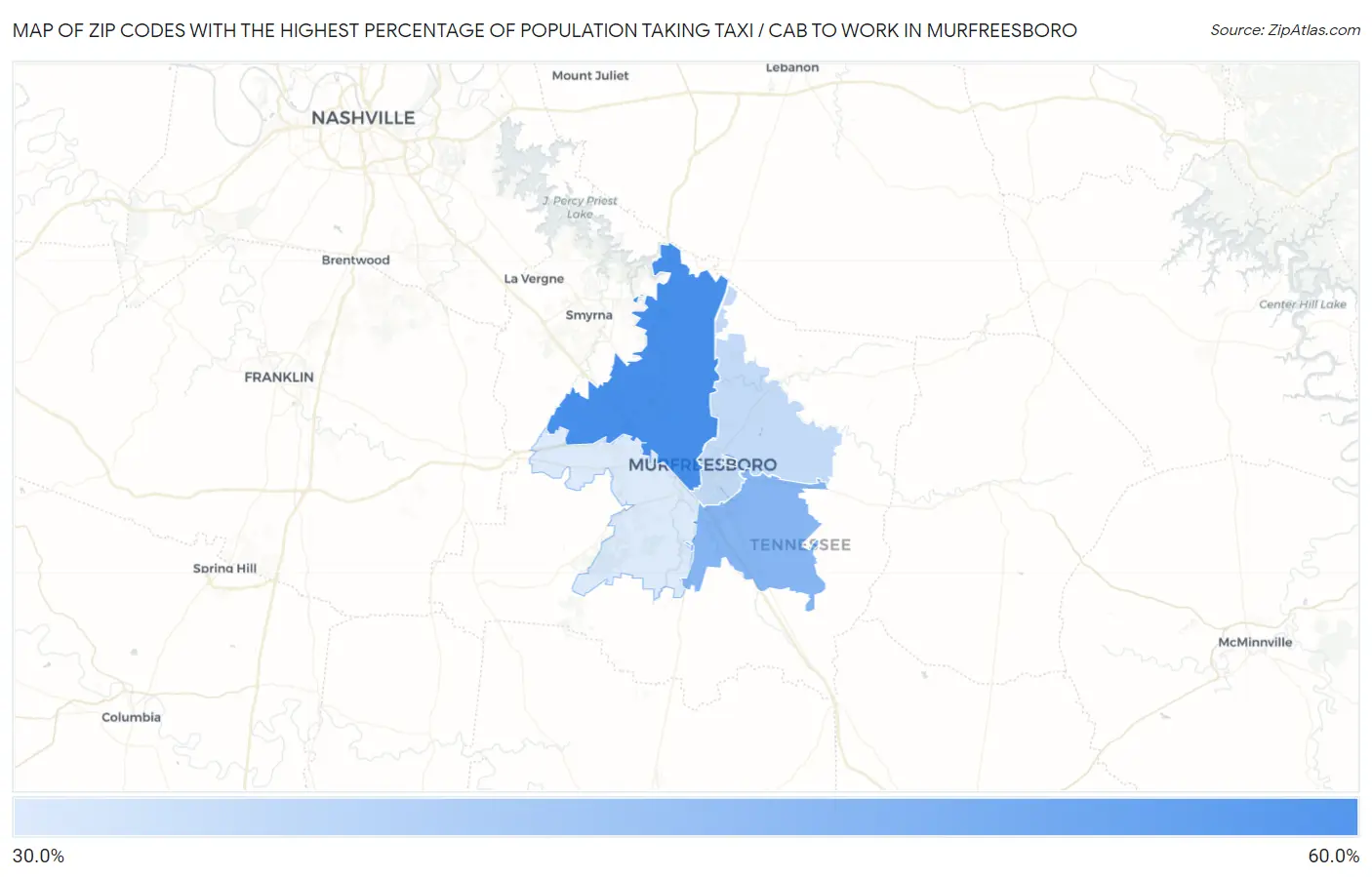 Zip Codes with the Highest Percentage of Population Taking Taxi / Cab to Work in Murfreesboro Map