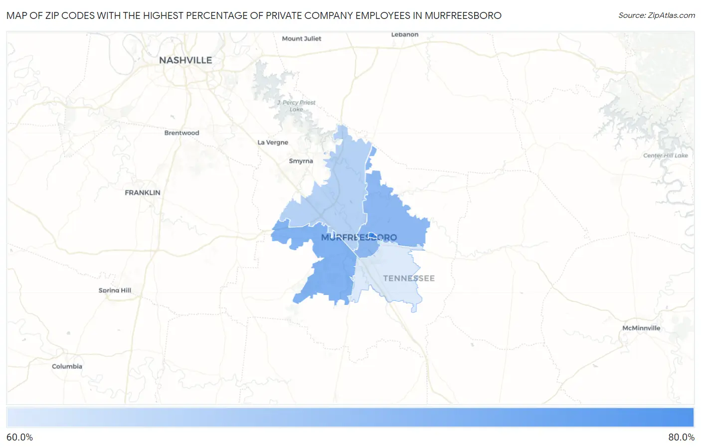 Zip Codes with the Highest Percentage of Private Company Employees in Murfreesboro Map