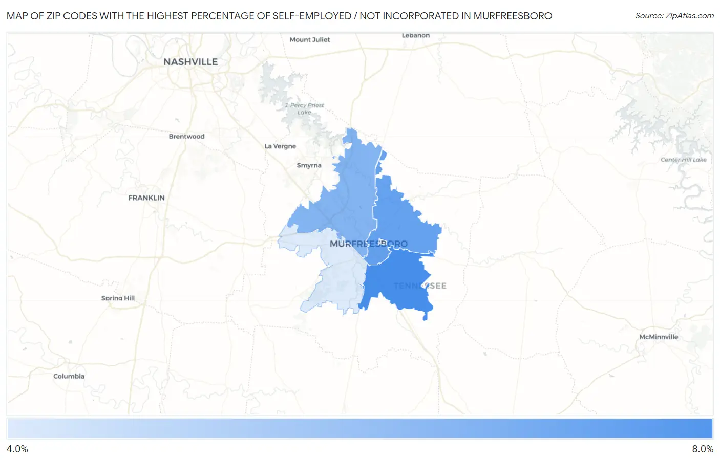 Zip Codes with the Highest Percentage of Self-Employed / Not Incorporated in Murfreesboro Map