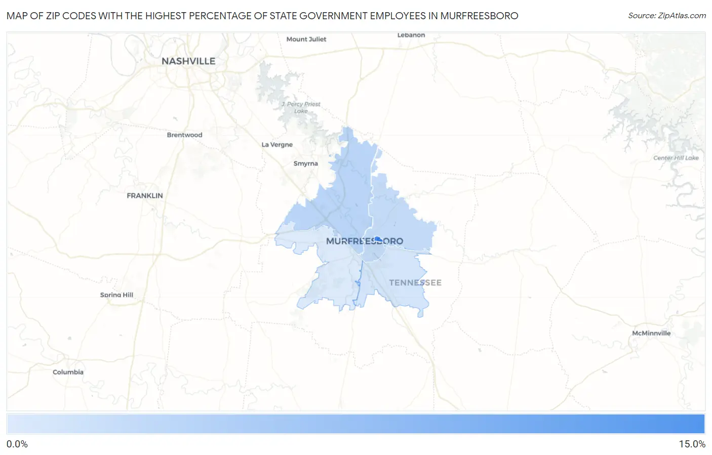 Zip Codes with the Highest Percentage of State Government Employees in Murfreesboro Map