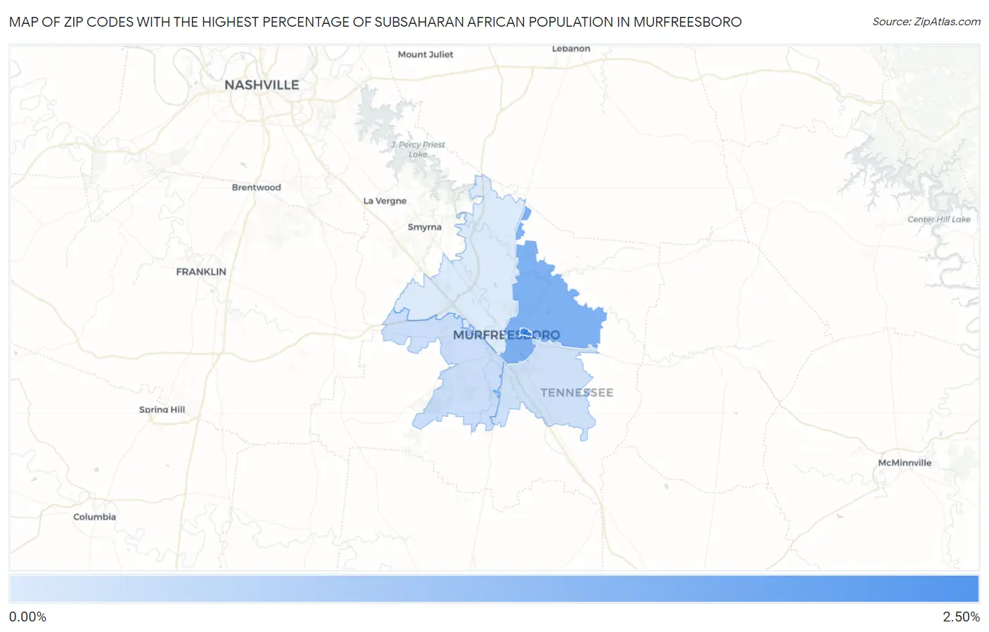 Zip Codes with the Highest Percentage of Subsaharan African Population in Murfreesboro Map