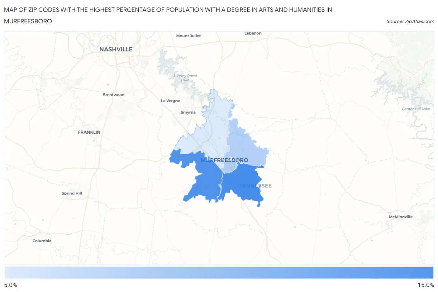 Zip Codes with the Highest Percentage of Population with a Degree in Arts and Humanities in Murfreesboro Map