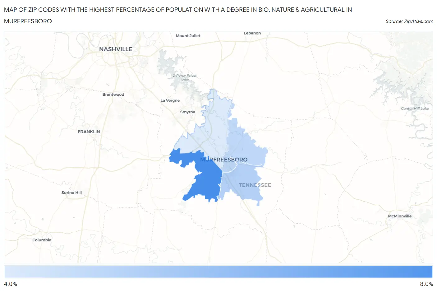Zip Codes with the Highest Percentage of Population with a Degree in Bio, Nature & Agricultural in Murfreesboro Map