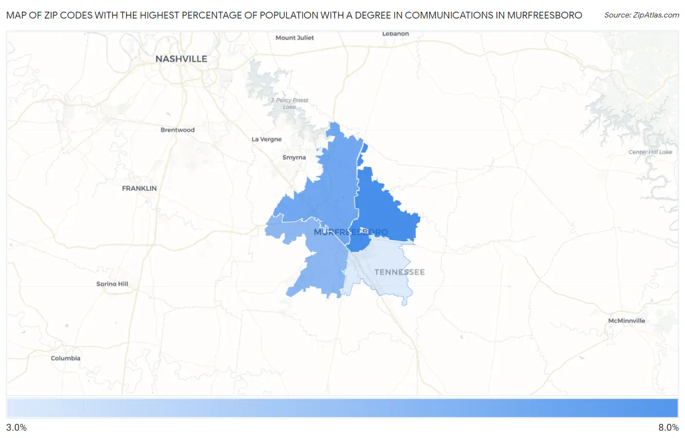 Zip Codes with the Highest Percentage of Population with a Degree in Communications in Murfreesboro Map