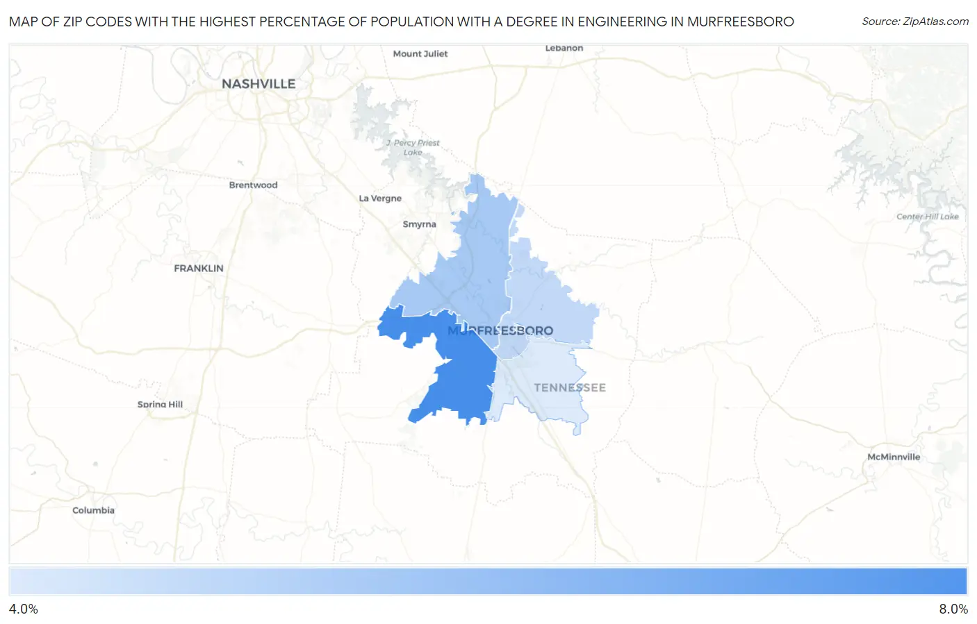 Zip Codes with the Highest Percentage of Population with a Degree in Engineering in Murfreesboro Map