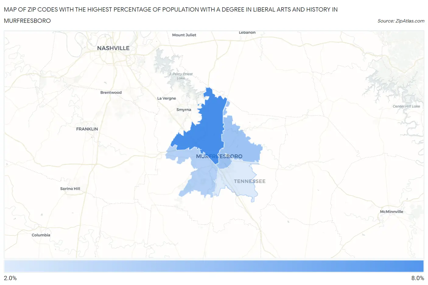 Zip Codes with the Highest Percentage of Population with a Degree in Liberal Arts and History in Murfreesboro Map