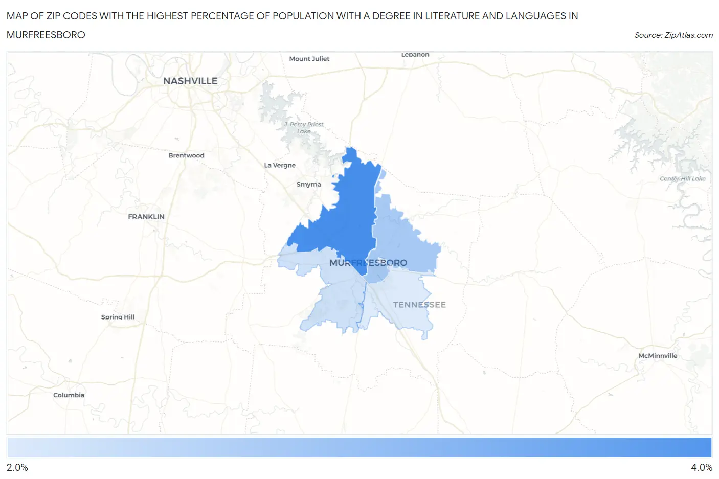 Zip Codes with the Highest Percentage of Population with a Degree in Literature and Languages in Murfreesboro Map