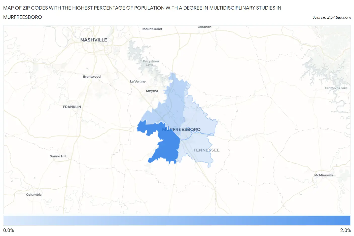 Zip Codes with the Highest Percentage of Population with a Degree in Multidisciplinary Studies in Murfreesboro Map