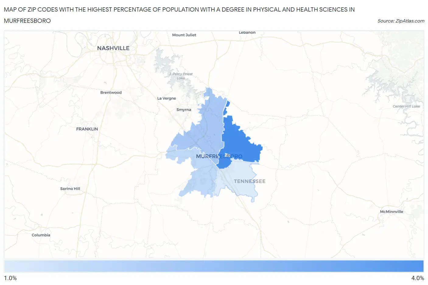 Zip Codes with the Highest Percentage of Population with a Degree in Physical and Health Sciences in Murfreesboro Map
