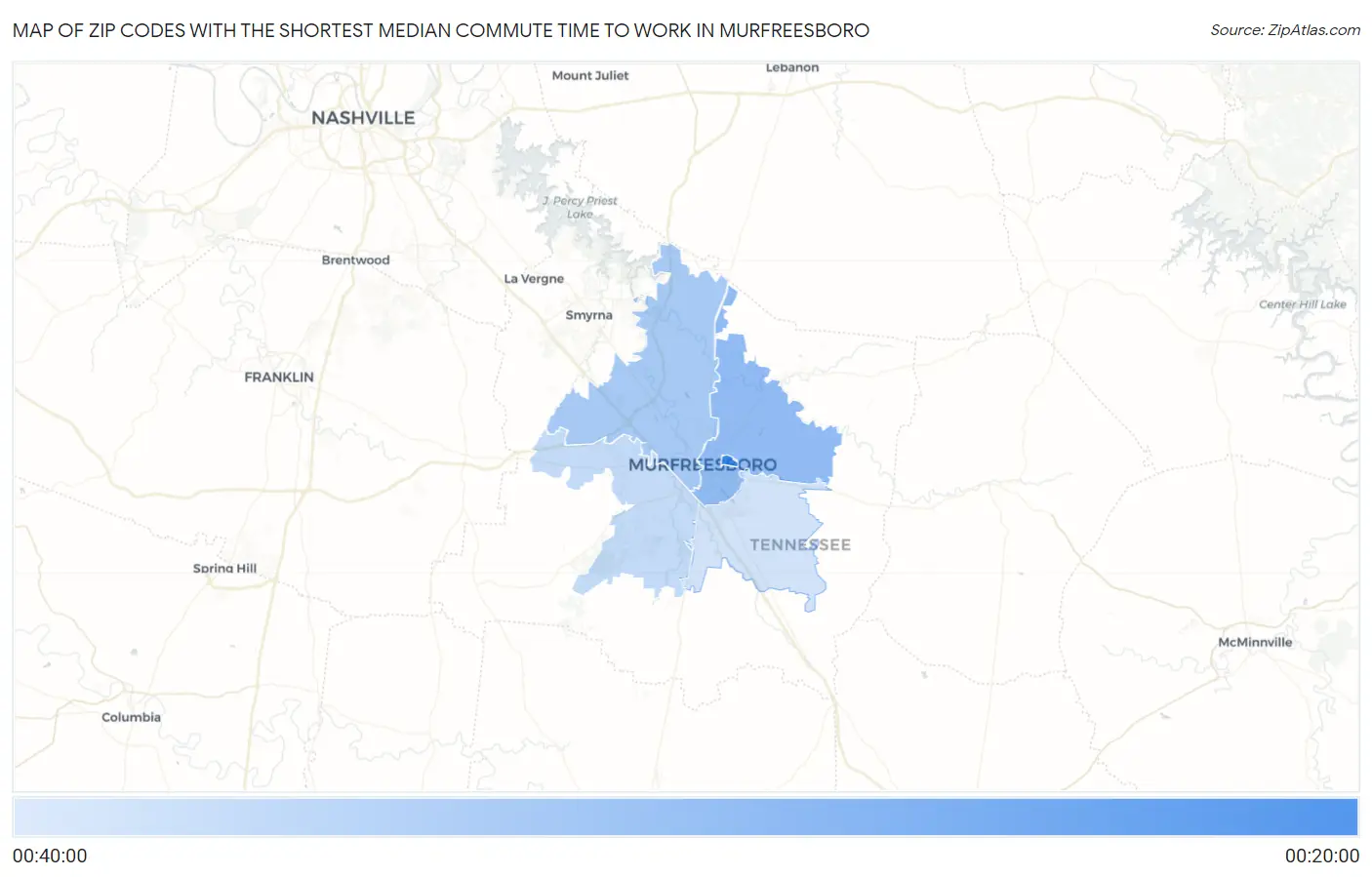 Zip Codes with the Shortest Median Commute Time to Work in Murfreesboro Map