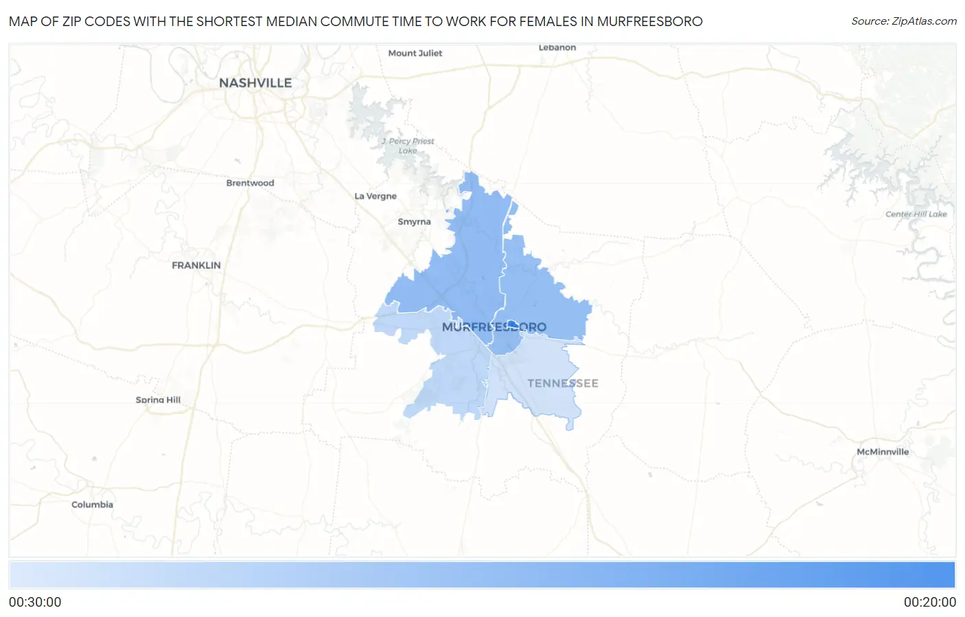 Zip Codes with the Shortest Median Commute Time to Work for Females in Murfreesboro Map