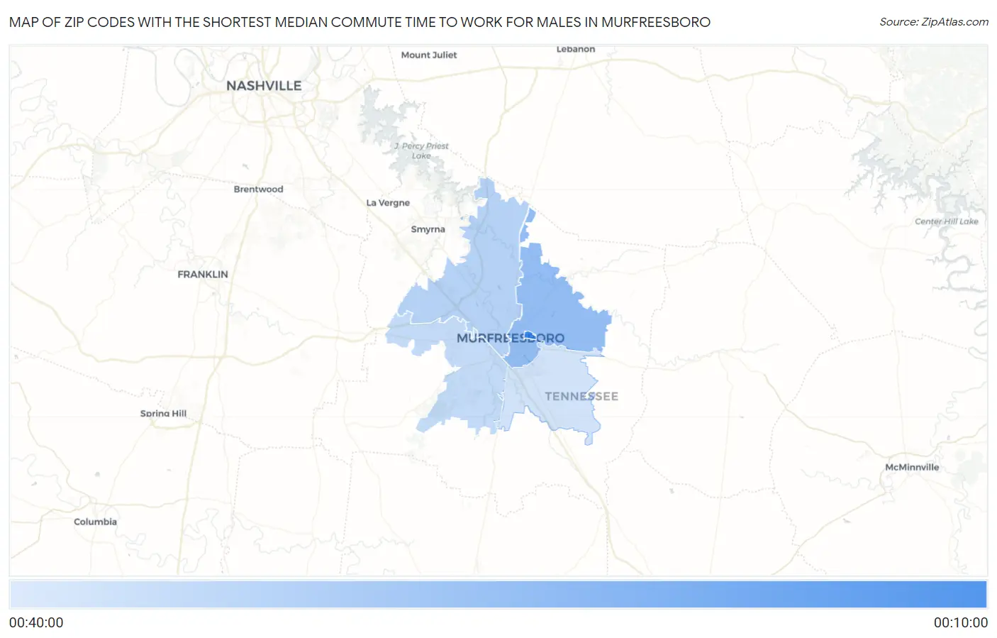 Zip Codes with the Shortest Median Commute Time to Work for Males in Murfreesboro Map