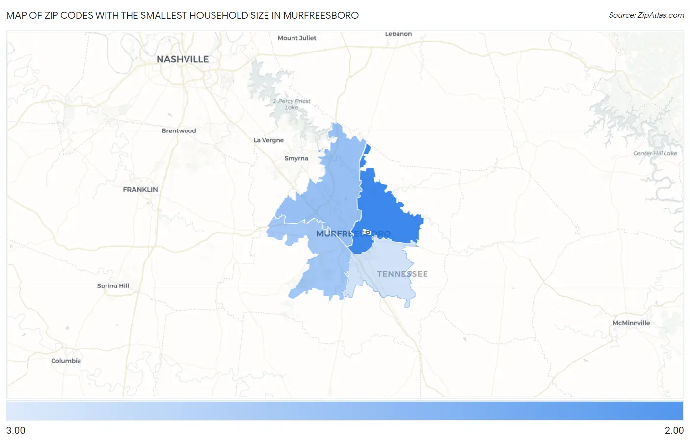 Zip Codes with the Smallest Household Size in Murfreesboro Map