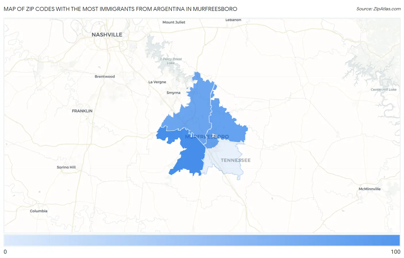 Zip Codes with the Most Immigrants from Argentina in Murfreesboro Map