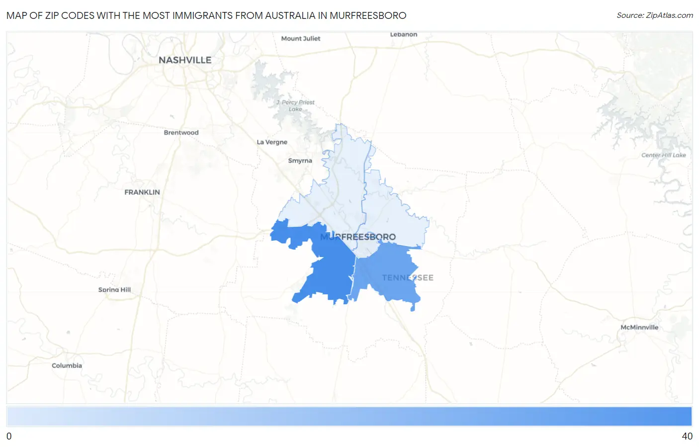 Zip Codes with the Most Immigrants from Australia in Murfreesboro Map