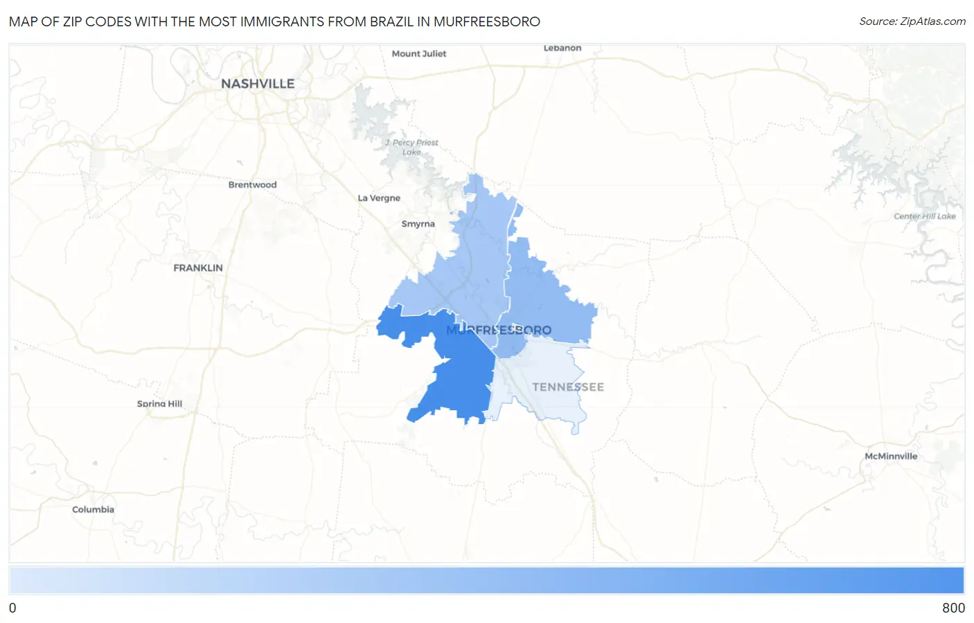 Zip Codes with the Most Immigrants from Brazil in Murfreesboro Map