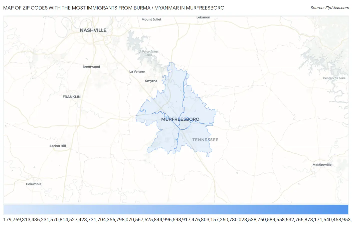 Zip Codes with the Most Immigrants from Burma / Myanmar in Murfreesboro Map