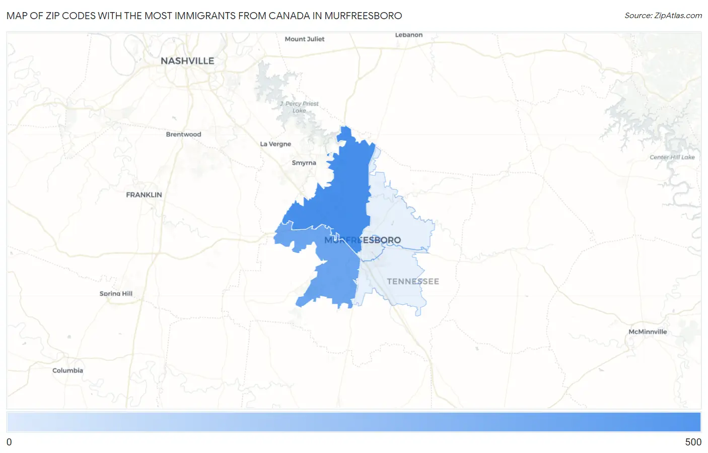 Zip Codes with the Most Immigrants from Canada in Murfreesboro Map