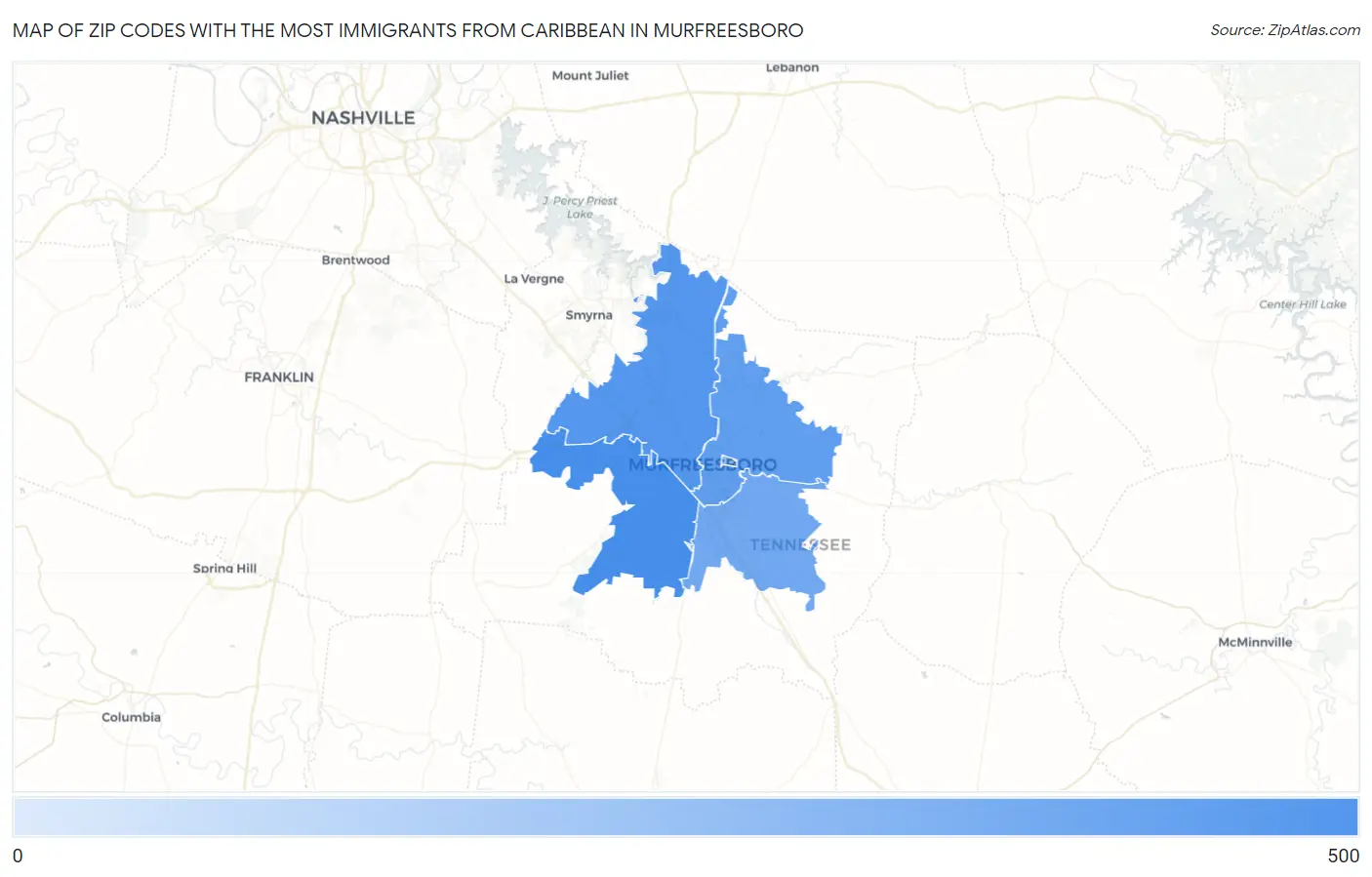 Zip Codes with the Most Immigrants from Caribbean in Murfreesboro Map