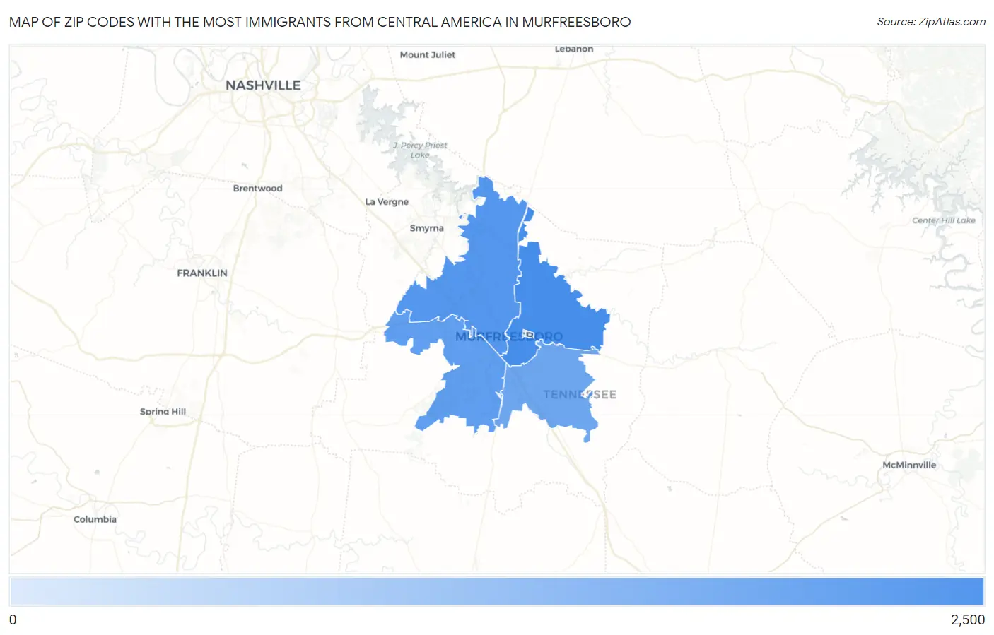 Zip Codes with the Most Immigrants from Central America in Murfreesboro Map