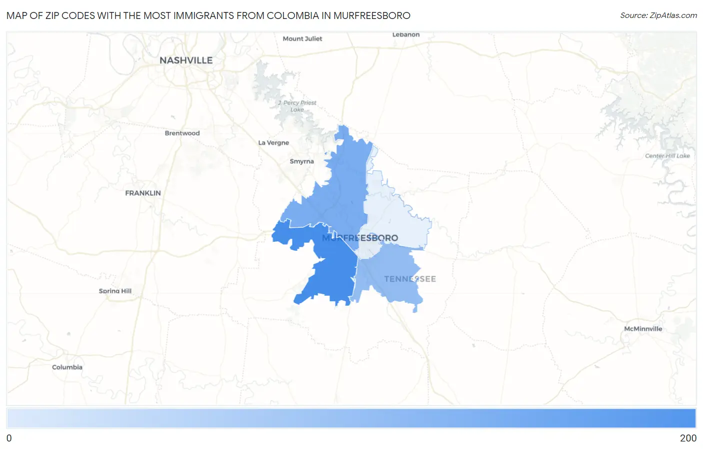 Zip Codes with the Most Immigrants from Colombia in Murfreesboro Map