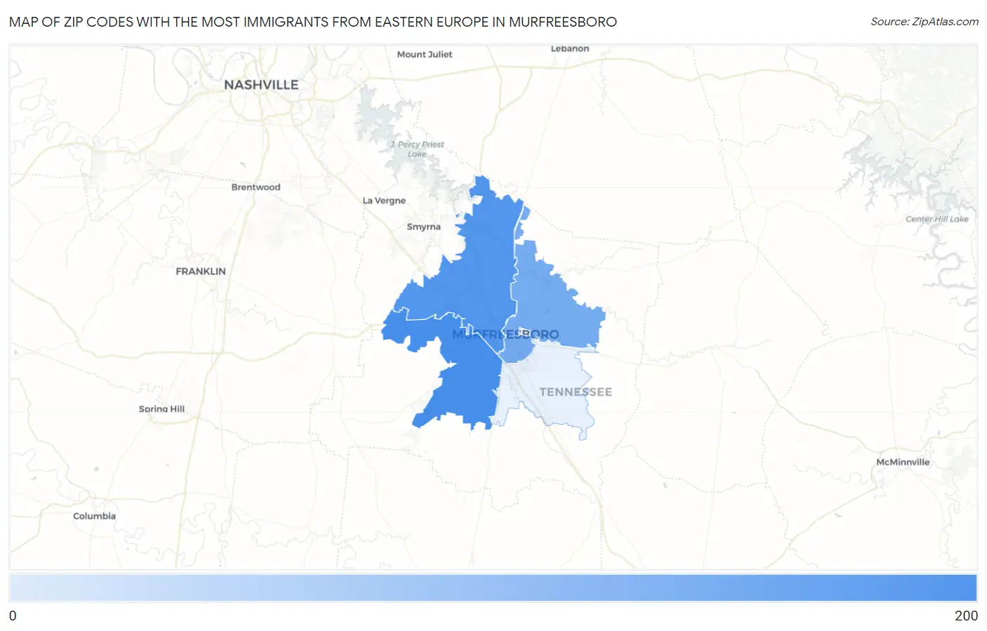 Zip Codes with the Most Immigrants from Eastern Europe in Murfreesboro Map