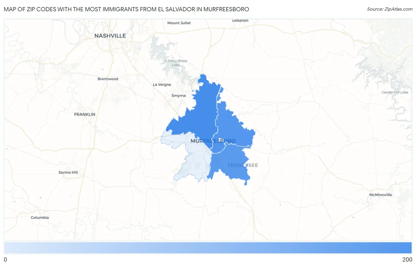 Zip Codes with the Most Immigrants from El Salvador in Murfreesboro Map