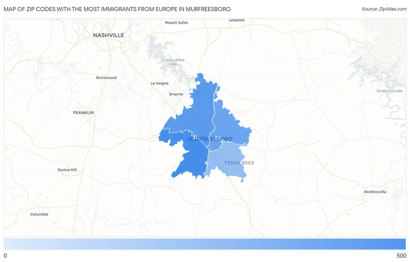 Zip Codes with the Most Immigrants from Europe in Murfreesboro Map