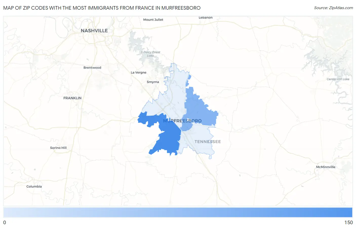 Zip Codes with the Most Immigrants from France in Murfreesboro Map
