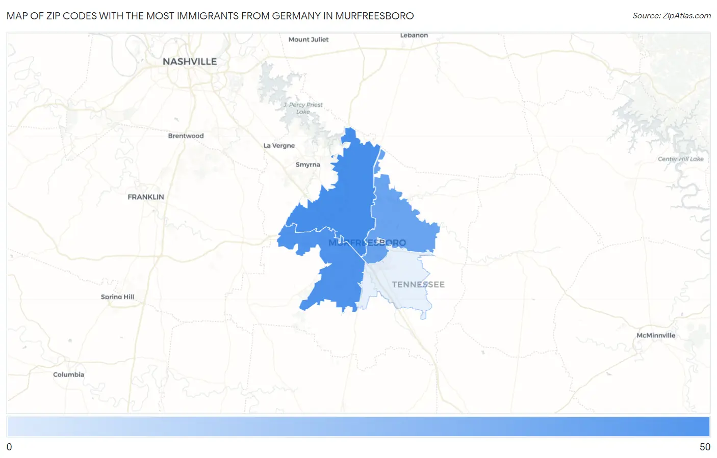 Zip Codes with the Most Immigrants from Germany in Murfreesboro Map