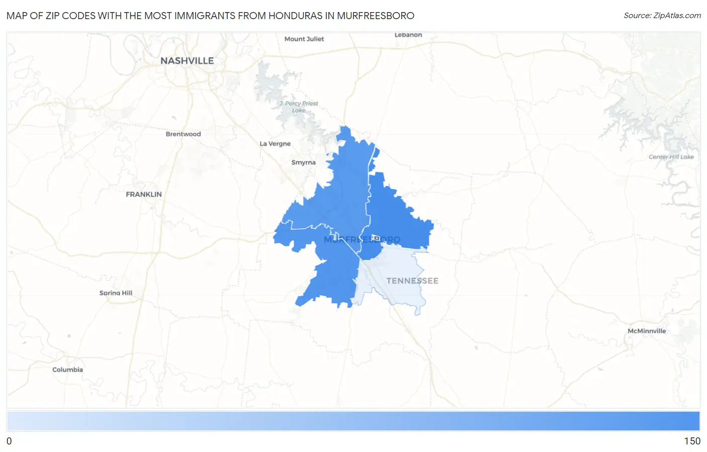 Zip Codes with the Most Immigrants from Honduras in Murfreesboro Map