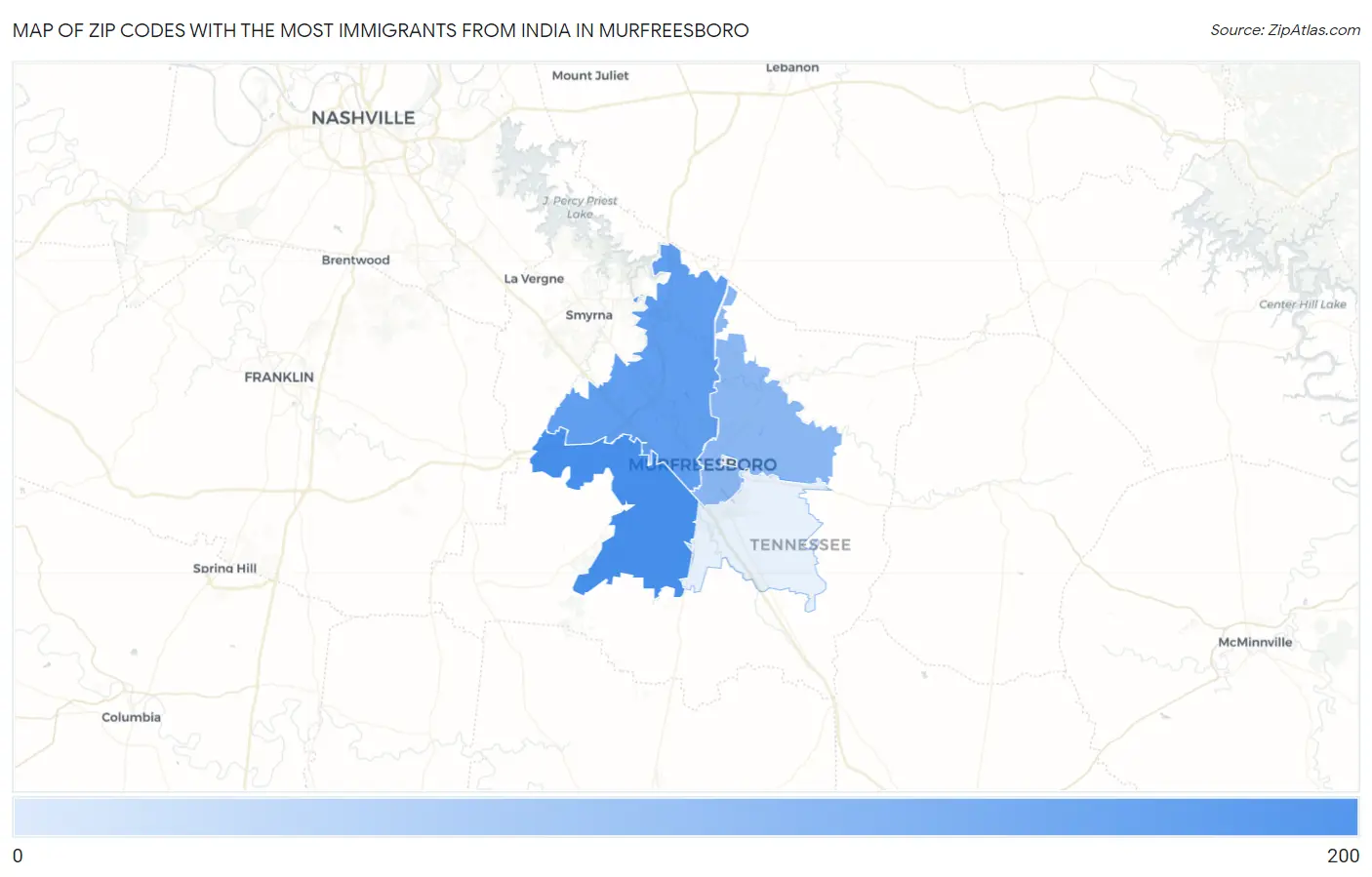Zip Codes with the Most Immigrants from India in Murfreesboro Map