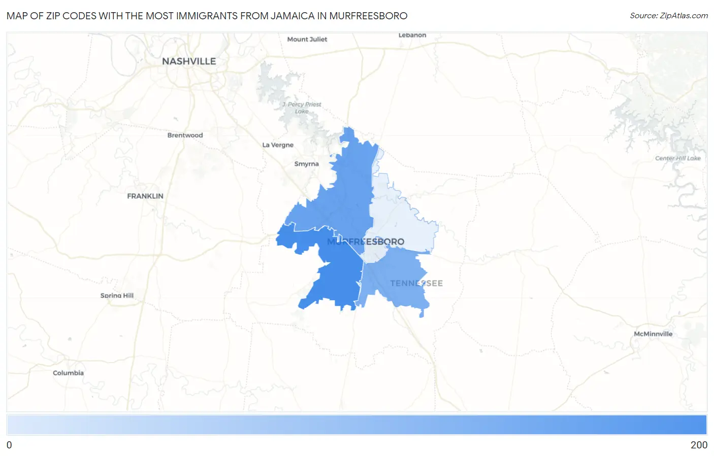 Zip Codes with the Most Immigrants from Jamaica in Murfreesboro Map