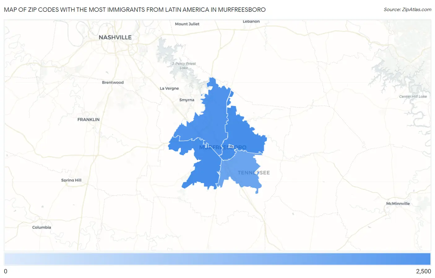 Zip Codes with the Most Immigrants from Latin America in Murfreesboro Map