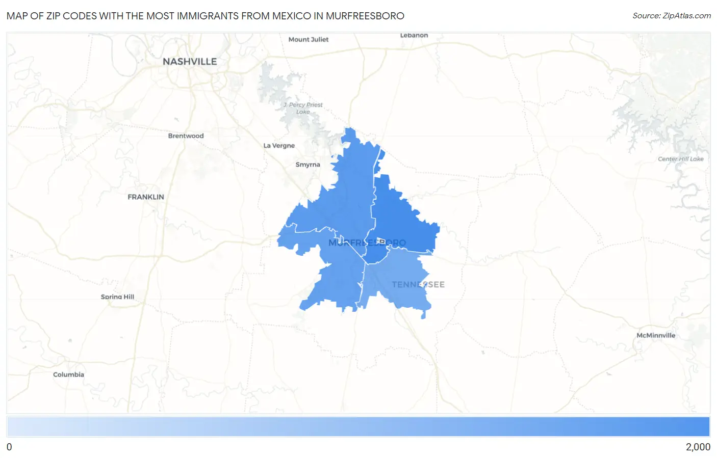 Zip Codes with the Most Immigrants from Mexico in Murfreesboro Map