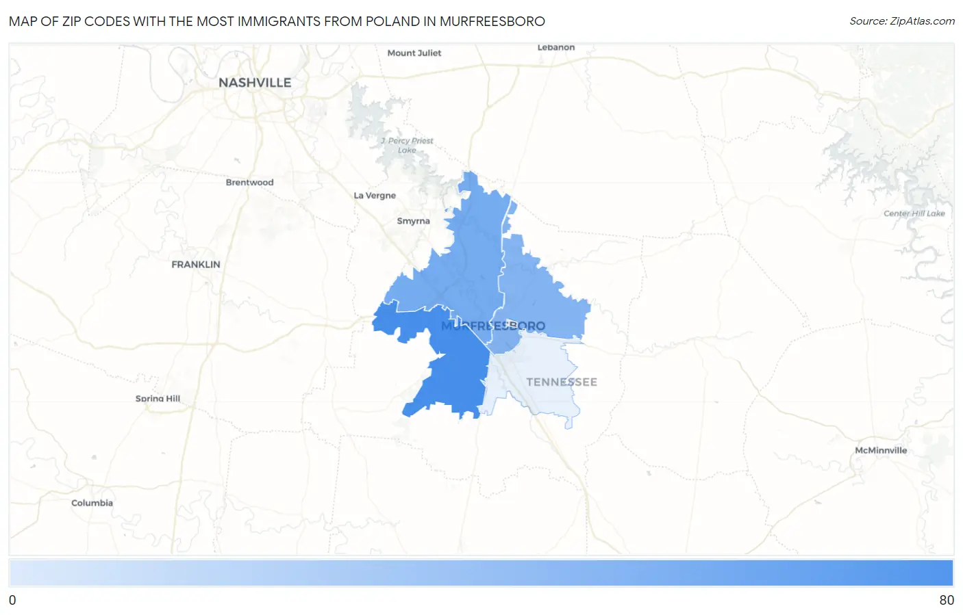 Zip Codes with the Most Immigrants from Poland in Murfreesboro Map