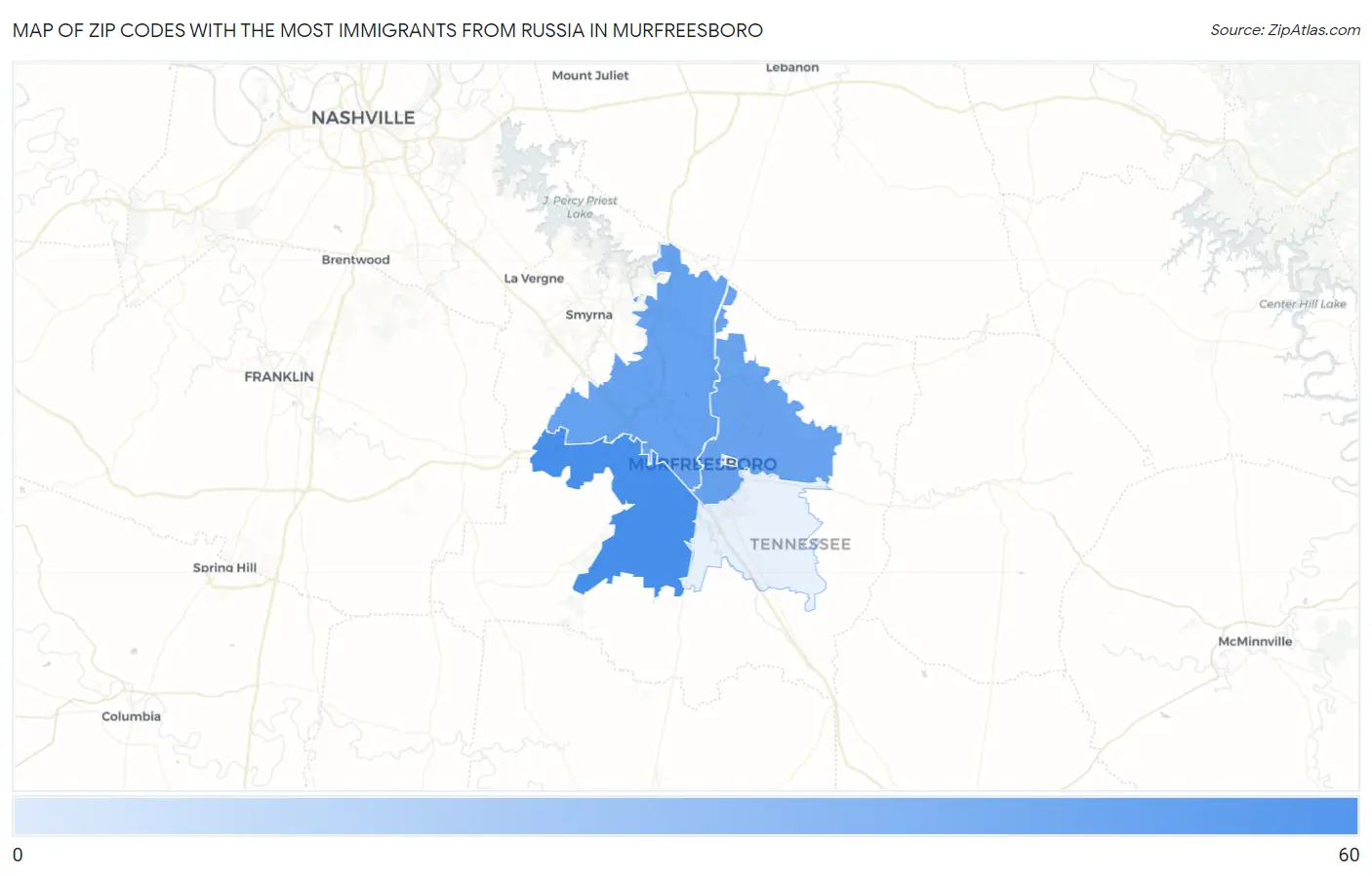 Zip Codes with the Most Immigrants from Russia in Murfreesboro Map