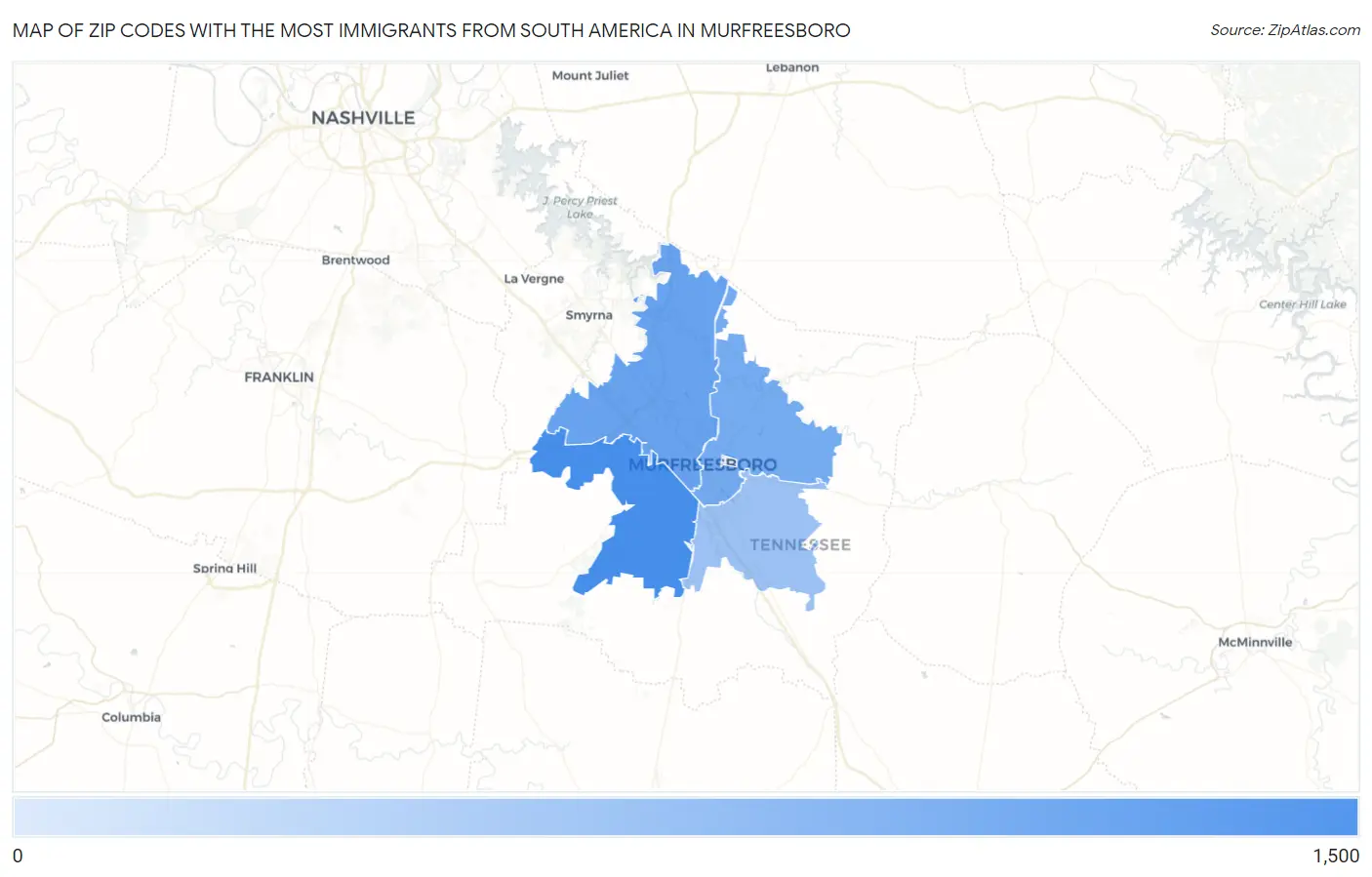 Zip Codes with the Most Immigrants from South America in Murfreesboro Map