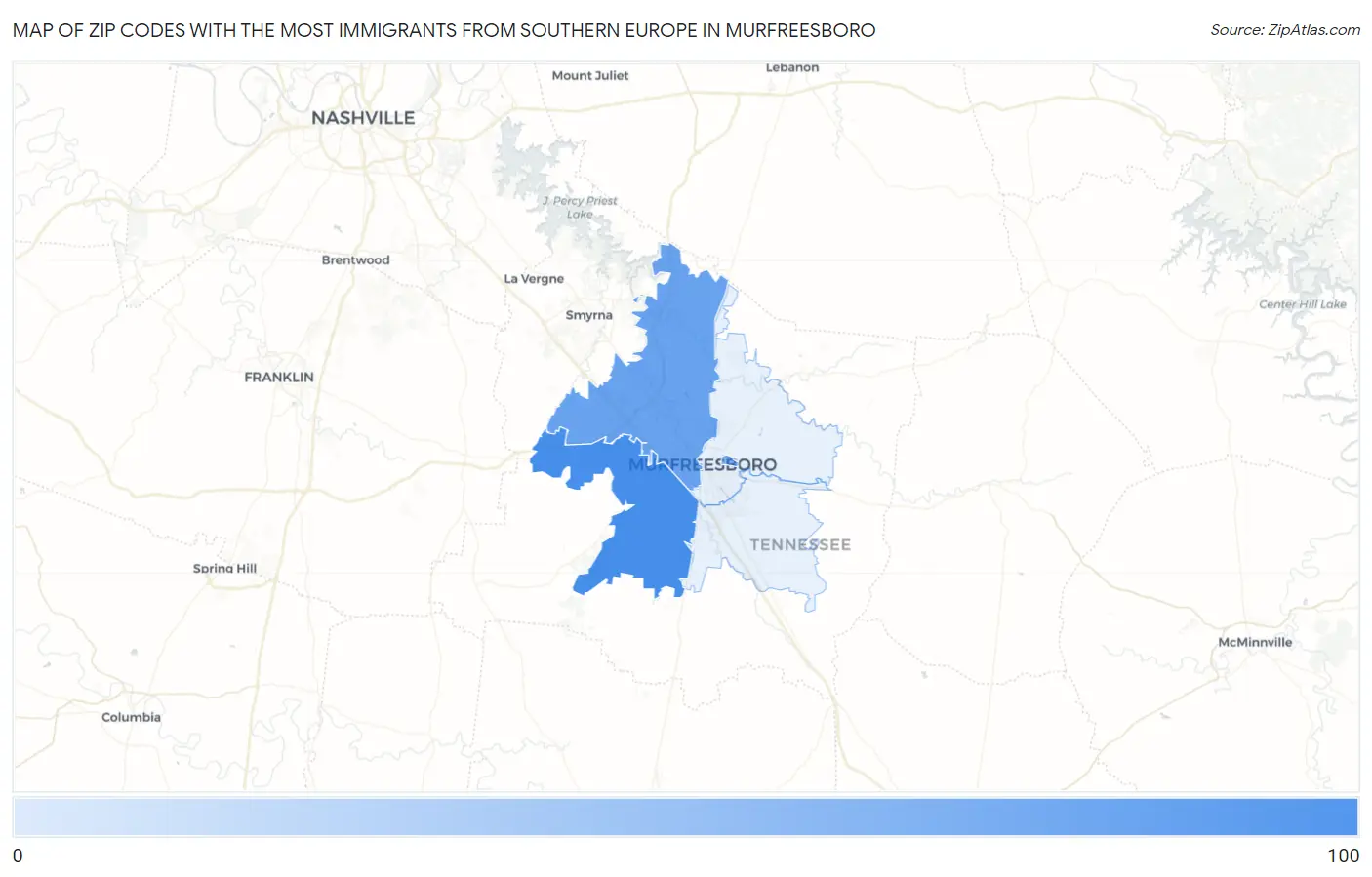 Zip Codes with the Most Immigrants from Southern Europe in Murfreesboro Map