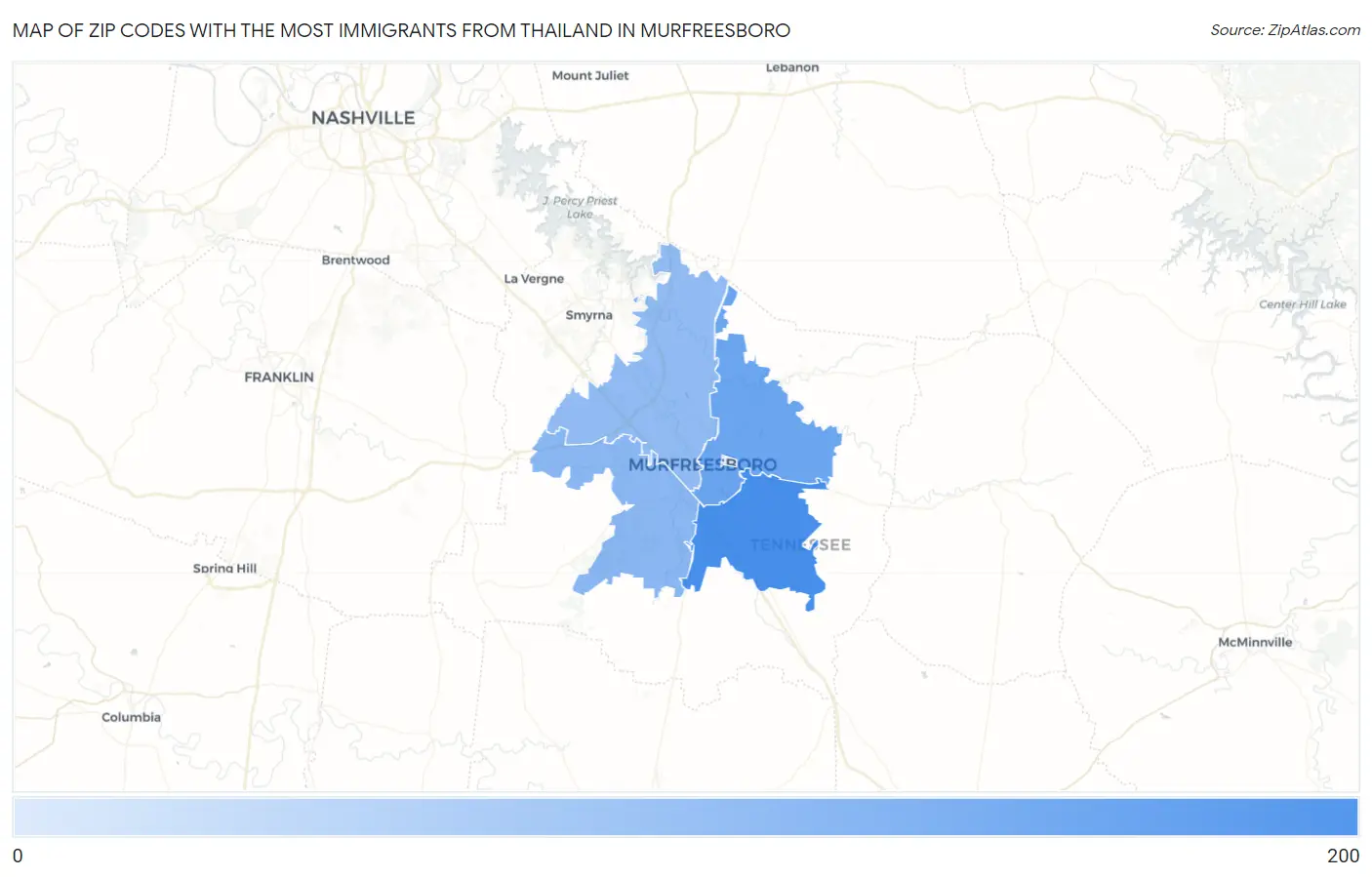 Zip Codes with the Most Immigrants from Thailand in Murfreesboro Map
