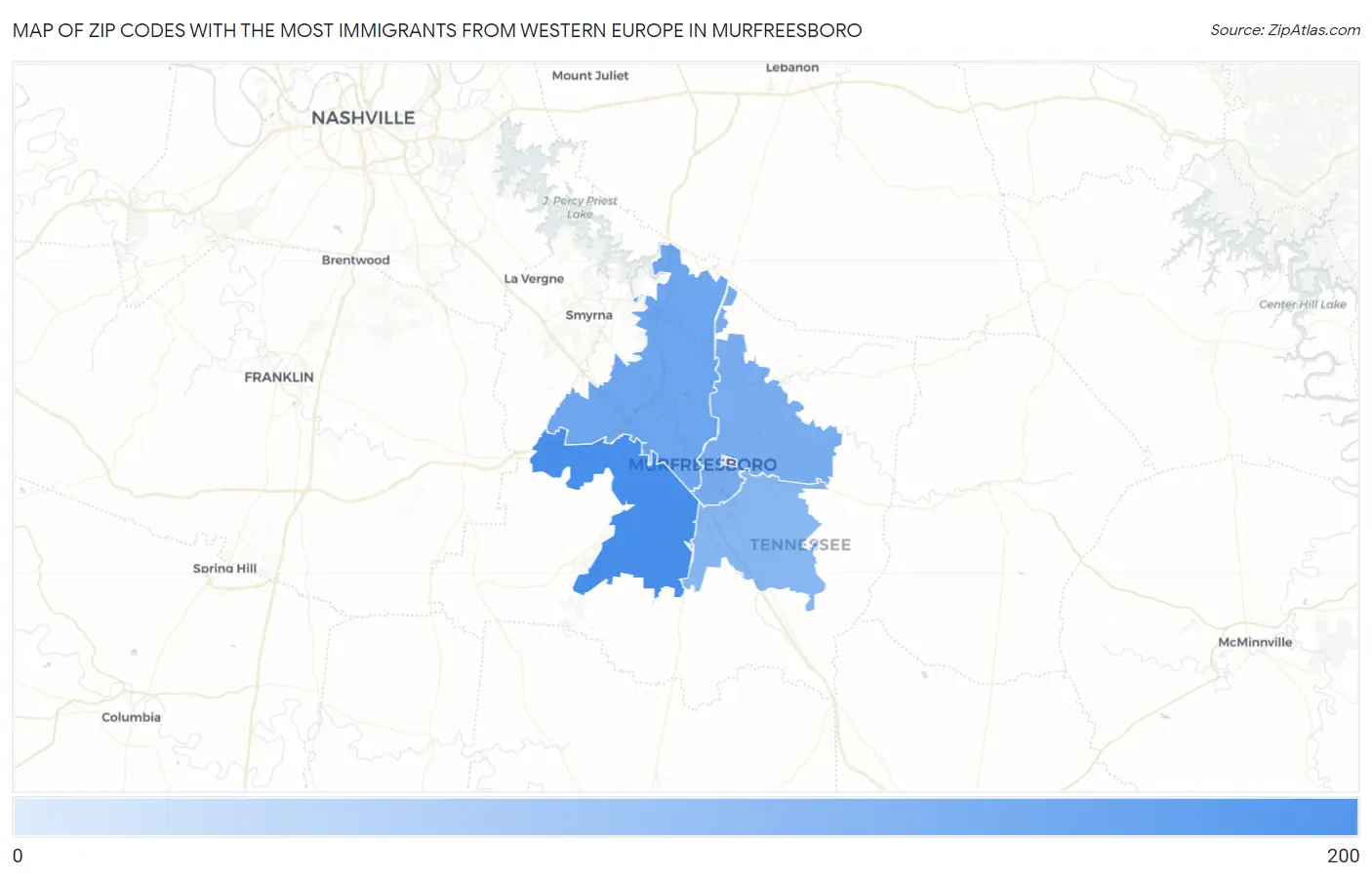 Zip Codes with the Most Immigrants from Western Europe in Murfreesboro Map